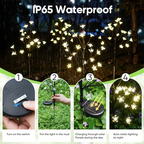 2 Pack Solar Lights Outdoor Waterproof, Garden Lights Solar Flowers - color: Warm White Cherry 2Pack