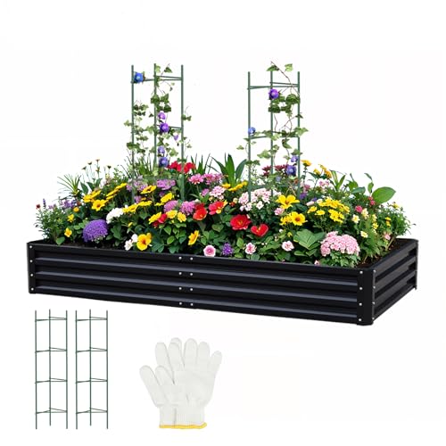 Metal Raised Garden Bed 8x4x1Ft Outdoor Large Metal Galvanized Planter Boxes Kit for Vegetables, Flowers, and Herbs,Garden Beds with 2Pcs Tomato Cage 1Pc Gloves,Black - size: 8x4x1 FT