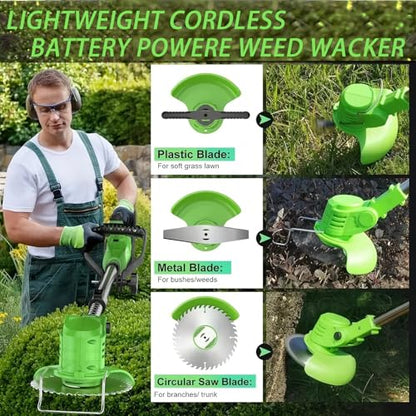 Cordless Weed Wacker with Wheels,Electric Weed Eater Battery Powered - color: Green