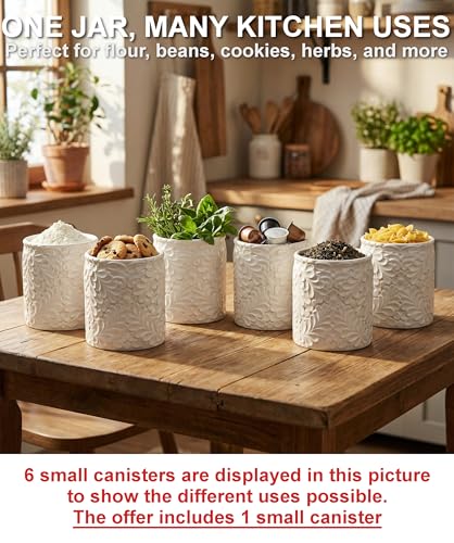 25DOL Small 30 Oz Engraved Ceramic Kitchen Canister, Airtight Bamboo Lid