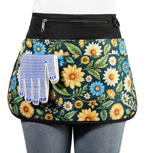 Bafelia Garden Apron for Women with 6 Pocket,Half Florist Apron - color: Green Flowers