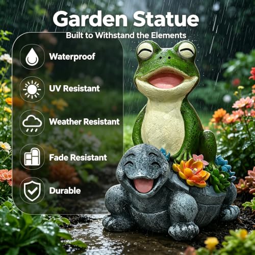Solar Frog and Turtle Garden Statue with LED Succulent Lights - color: Green Frog Gray Turtle Statue