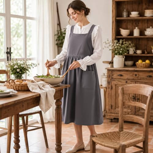 Cotton Linen Apron Cross Back Apron for Women with Pockets Pinafore Dress - color: Grey