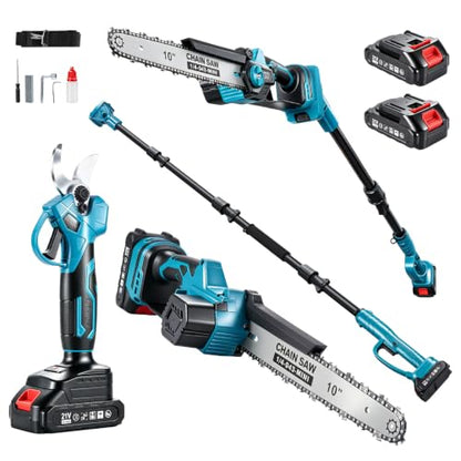 10 Inch Pole Saw with Telescopic High Branch Pole, Pruning Shear Scissors & 2x 4000mAh Batteries - Cordless Extendable Tree Trimmer Branch Cutter for High Limb Trimming