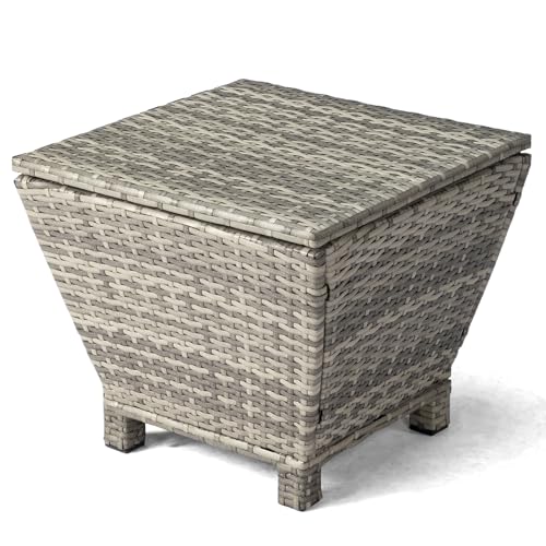 VINGLI 13 Gallon Outdoor Deck Box, Wicker Outdoor Storage Box with Lid, Small Storage Bin Container for Outside and Patio, Patio Rattan Side Table for Yard Porch (Grey, Trapezoidal) - color: Grey, size: Trapezoidal