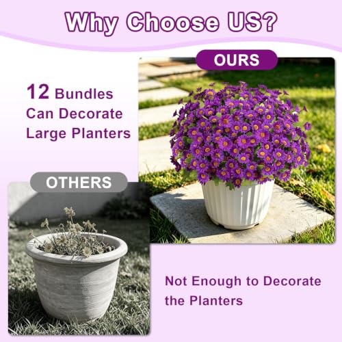 Artificial Daisy Mums for Outdoors, 12 PCS Fall Flowers, Purple - color: Purple