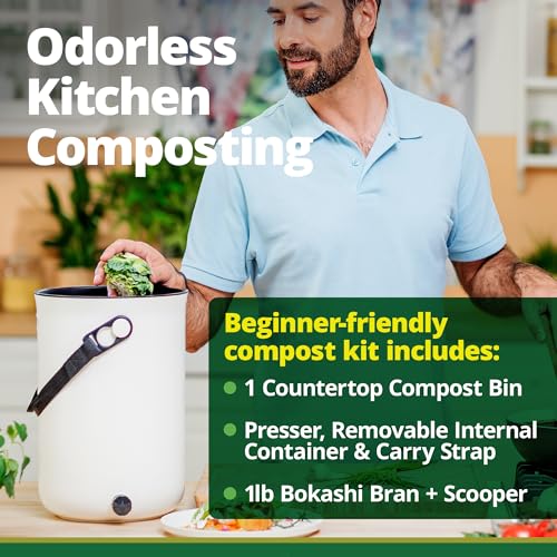 Bokashi Compost Bin + 2 Lb Bokashi Bran, Kitchen Countertop Composter - color: Olive