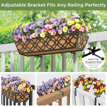 Y&M Deck Railing Planter Boxes, Adjustable Balcony Planter for Outdoor Plants, Metal Railing Planter Box for Deck, Fence and Porch, Window Boxes Outdoor, Sturdy Hanging Planter-24inch 2pcs - size: 2packs 24in-Flower