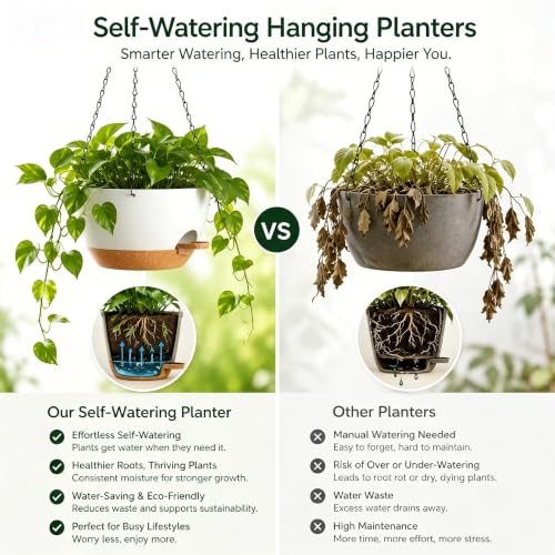 12 Inch Self Watering Hanging Planters 2 Pack, White Brown - color: White Brown