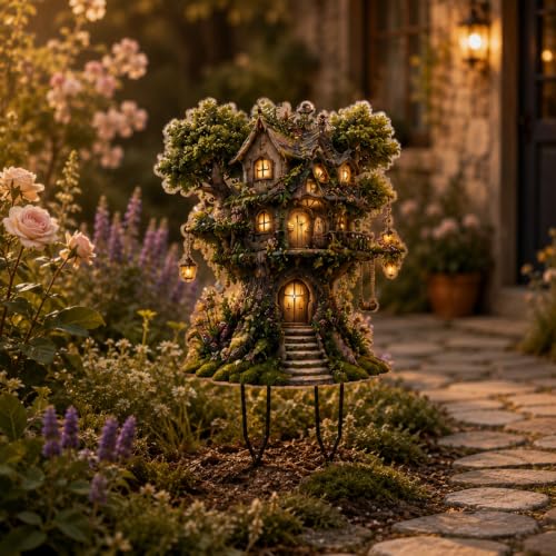 Garden Stakes, 2D Acrylic Magical Tree House Decorative Stake, Hanging Lantern Floral Moss Ornament for Patio Planters Flower Beds Landscaping Decor - color: Tree House 2
