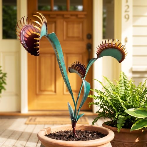 Metal Yard Art - 24inch Venus Fly Trap Garden Stake Metal Outdoor Plants - color: Lake Blue