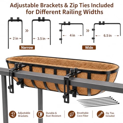 Y&M Railing Planter Boxes 24 Inch 2 Pack, 2-in-1 Adjustable Hanging Balcony Planters with Coco Liners, Heavy Duty Window Box Planters with Support Rods for Outdoor Garden - size: 24in 4P