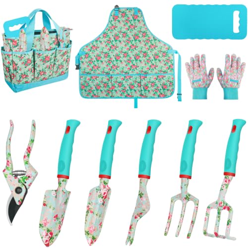 Garden Tools 10 Pack Floral Pattern Garden Tool Set with Tote Bag, Rust-Proof Aluminum Gardening Tools Set, Heavy Duty Gardening Kit Gardening Gifts for Women for Mom Birthday Housewarming Gift