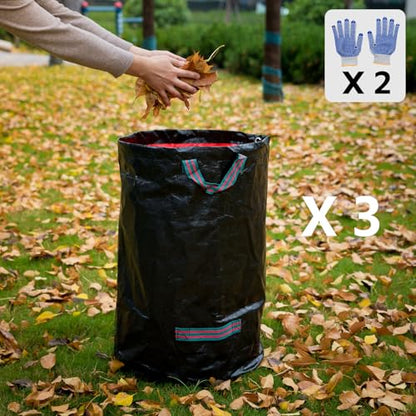 Reusable Lawn Leaf Bags, 72 Gallon 3Pack - Heavy Duty with Gardening Gloves & 4Handles - Camping Leaf Recycling Bags