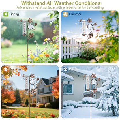 Rain Gauge Outdoor with Thermometer Garden Decorative, Bird Rain Gauges
