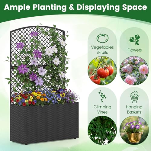 HAPPYGRILL PE Rattan Raised Garden Bed with Trellis & Privacy Screen - color: Black