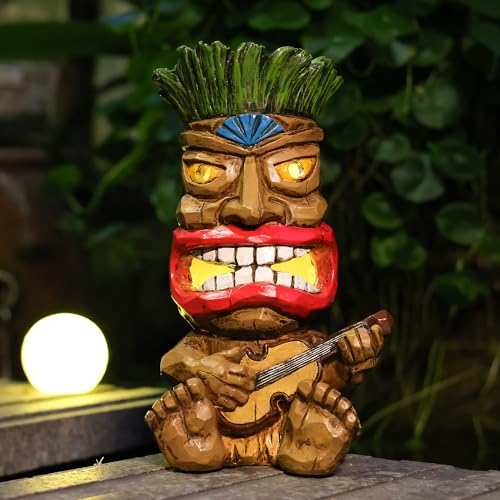 Solar Tiki Statue Outdoor Decor-Garden Guitar Tiki Statues-Tiki Bar Decorations for Outdoor Patio Yard Lawn Balcony Bar Party,Waterproof Garden Sculpture 10.35 Inch Tall - color: Guitar Tiki