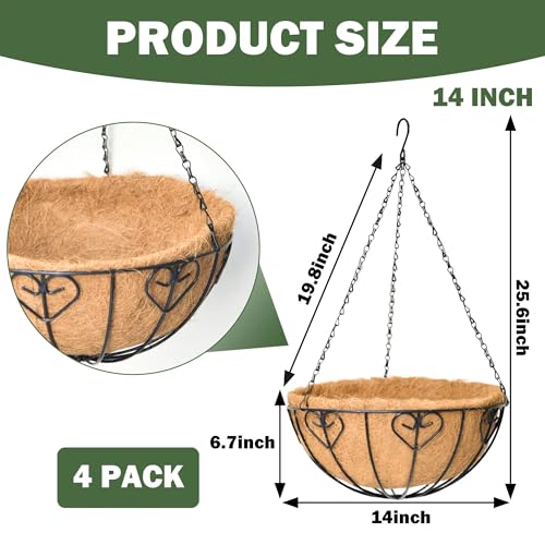 4 Pack 14 Inch Hanging Metal Planters for Outdoor Plants, Modern Black Solid Rectangular Hanging Baskets with Coco Coir Liner - size: 14 Inch, style: Modern