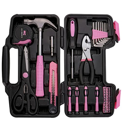 RVOGJP 39-Piece All Purpose Pink Household Tool Kit for Women - Small Tool Set with Toolbox, Great for Home, Garage, Office & College Dorm Use - color: Pink