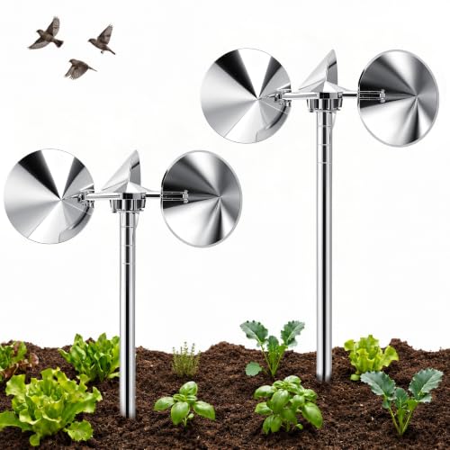 2 Pack Reflective Bird Deterrent Spinners, Selectable-Height Ground Stakes