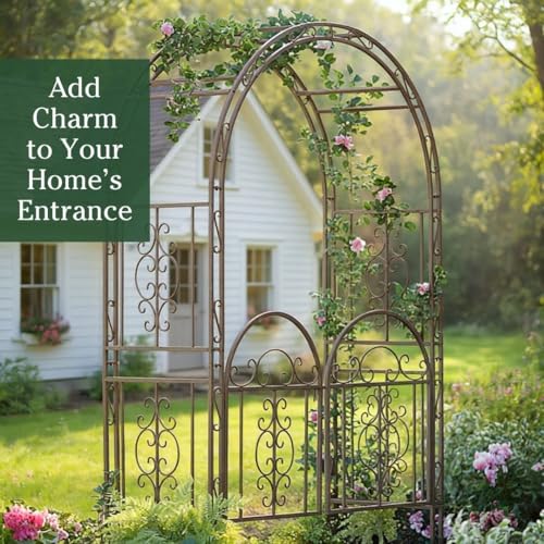 Plow & Hearth Arch Metal Outdoor Garden Arbor Double Gate | Montebello | 7 Feet Tall | Gunmetal Black | Steel Iron Trellis Lattice Climbing Plants & Heavy Vines - color: Gunmetal Montebello with Gate