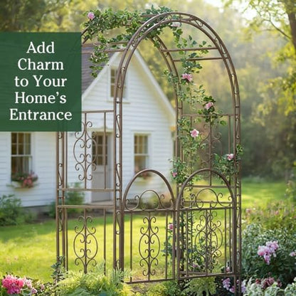 Plow & Hearth Arch Metal Outdoor Garden Arbor Double Gate | Montebello | 7 Feet Tall | Gunmetal Black | Steel Iron Trellis Lattice Climbing Plants & Heavy Vines - color: Gunmetal Montebello with Gate
