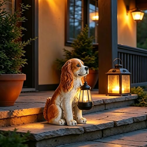 Dog Garden Statues, Cocker Spaniel Statue Holding Lantern Yard Decorations - style: American Cocker Spaniel