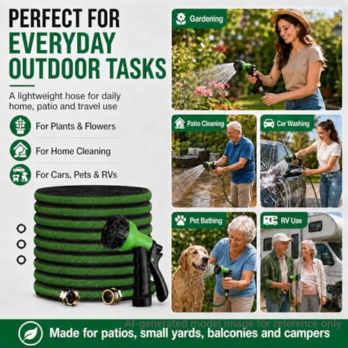 100FT Non-Expandable Flat Garden Hose with 10 Function Nozzle,No-Kink,Green - color: Green, size: 100FT
