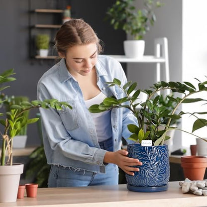 D'vine Dev Embossed Leaves Ceramic Planter, 6 in, Midnight Blue, 27-A-X-3 - color: Midnight Blue, size: 6 Inch