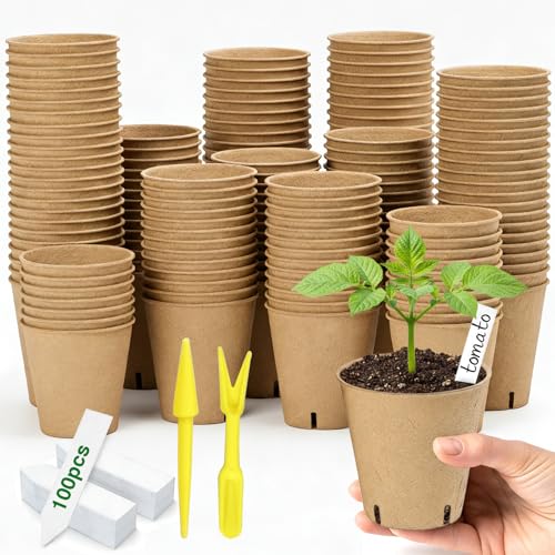 Peat Pots 150 Pack with 100 Plant Labels, 3.15 Inch Biodegradable Seedling Nursery Pots with Drainage Holes - size: 150 Pack