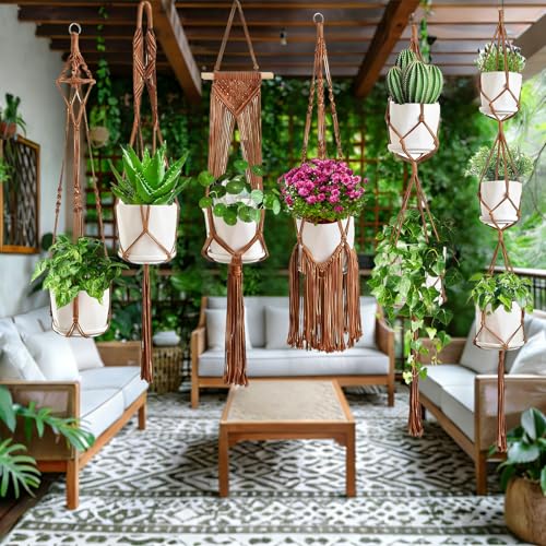 Macrame Plant Hangers, 6Pack Hanging Plant Holders Indoor, Caramel - color: Caramel