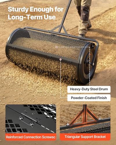 VEVOR Compost Spreader, 44" Wide Peat Moss Spreader with Push/Tow Handle, 4 Heights Adjustable, Powder-Coated Steel Garden Peat Moss Roller, Heavy Duty Grass Seed R - size: 44in