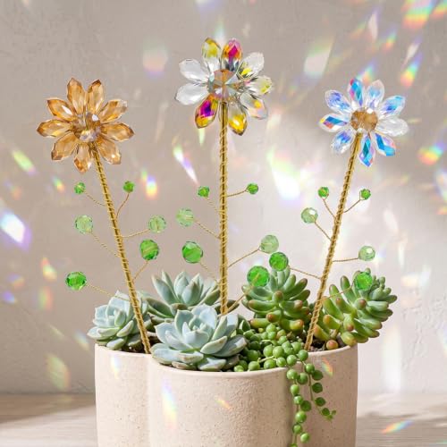 3 Pcs Crystal Sunflower Suncatchers Light Catcher 13'' Metal Stake Handmade
