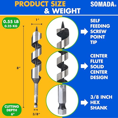 SOMADA 1" x 8" Auger Drill Bit for Wood, Ship Auger Hex Shank - size: 1"x8" Silver
