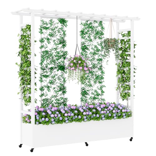 Raised Garden Bed with Trellis & Hanging Roof, Weatherproof Metal Planter Box with Wheels, Garden Arch Trellis for Outdoor Climbing Plants Vines Flowers, 74" H x 77" L x 17" W, White - color: White, size: 74" x 77"x 17"