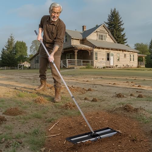 VEVOR Updated Lawn Leveling Rake with Roller, 48'' x 10" Stainless Steel Lawn Leveler with 83.9'' Adjustable Handle, Heavy Duty Yard Leveling Rake, Effort Saving Lawn Leveling Tool for Yard Golf Court - size: 48x10x84in (with Roller)