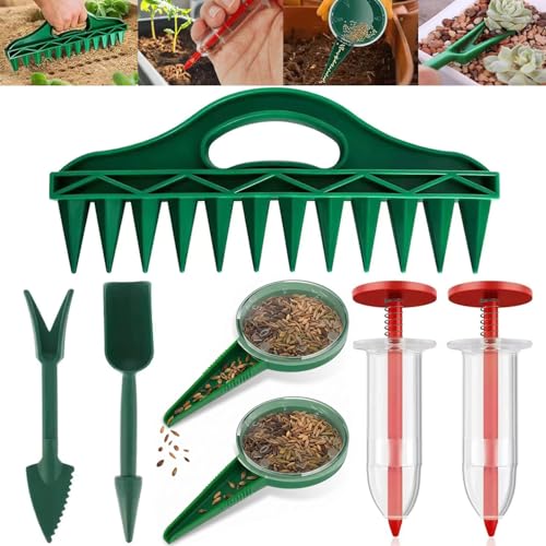 12-Hole Digger Seed Spreader,7 Piece Sowing Seeds Dispenser Set,Mini Seed Dispenser for Small Seeds, Handheld Seed Planter Tool Seed Dibber Multifunctional Spacer Gardening Tools (Green)