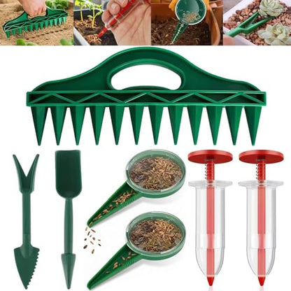 12-Hole Digger Seed Spreader,7 Piece Sowing Seeds Dispenser Set,Mini Seed Dispenser for Small Seeds, Handheld Seed Planter Tool Seed Dibber Multifunctional Spacer Gardening Tools (Green)