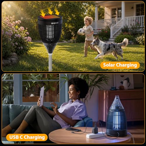 Rossetta Solar Bug Zapper Outdoor, Fly Zapper with Flame & Projector Light - color: Black