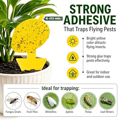 Yellow Sticky Fungus & Gnat Traps with Non-Stick Handle for House Indoors Plants 48 Pack – Double-Sided Adhesive