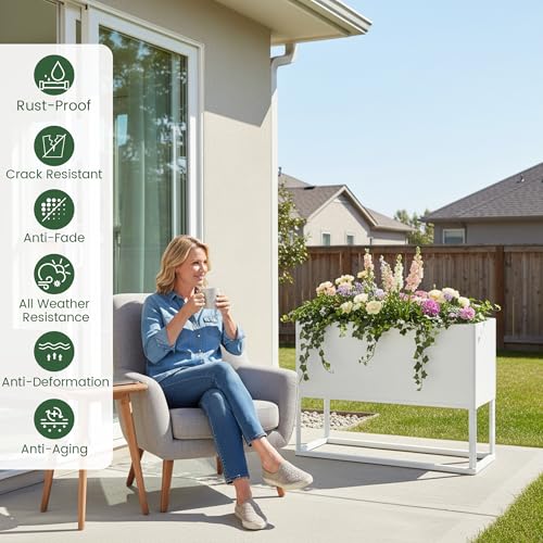 Modern Raised Metal Planter Box with Legs,38" L x 15" W x 30.5" H - color: White