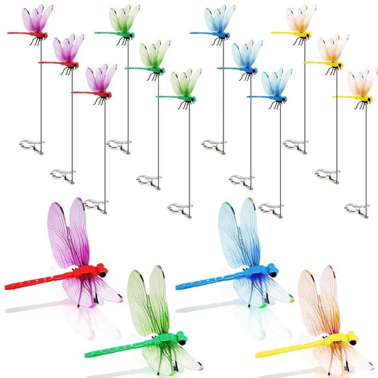 12 Pack Dragonfly Clips, Realistic Fake Dragonfly Hummingbird Garden Stakes, Multipurpose Plastic Yard Ornaments for Outdoor Decor, Patio, Hats, Fly Deterrent for Horses, Deer, Indoor Outdoor Use - color: 12Pack colorful
