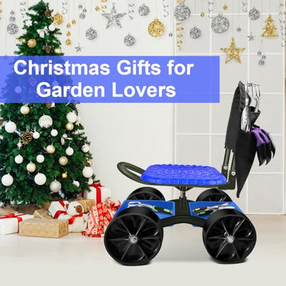 i Cover Garden Cart Rolling Stool with Four Wheels and Tool Bag, Stable Workseat Sturdy Carts Adjustable Seat Height and Direction, Gardening Helper, Blue - size: 4 Wheels