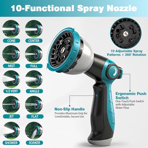 50FT Garden Hose, Kink-Free Non-Expandable Flexible Water Hose with 10-Pattern Spray Nozzle, Lightweight Leakproof Flat Hose with 3/4” Solid Brass Connector for Yard, Lawn & Outdoor Use - size: 50FT