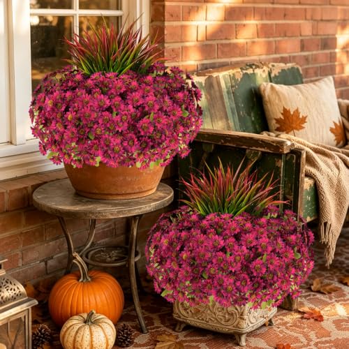 15 Pcs Artificial Fall Flowers for Outdoor Fake Mums Porch Decor, Red