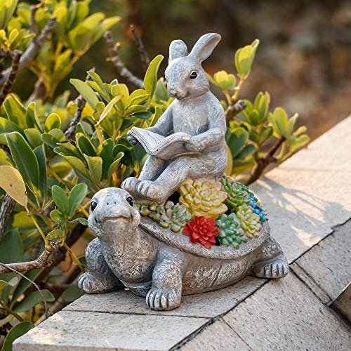 TERESA'S COLLECTIONS Rabbit Turtle Garden Decor with Solar Light 6.3" - size: Medium