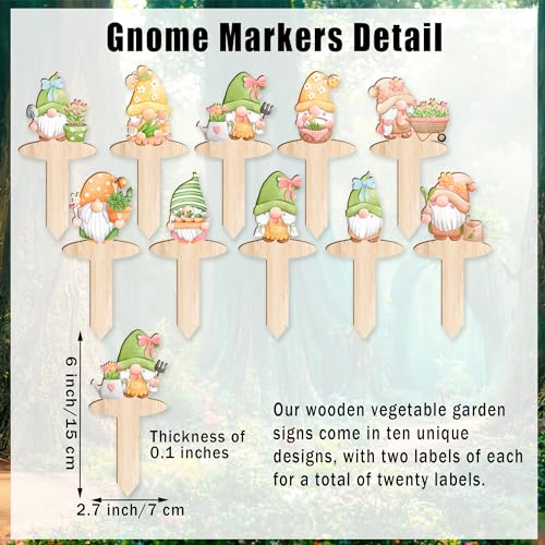 20pcs Garden Markers - Wooden Plant Labels with Funny Gnome Designs for Flowers & Vegetables