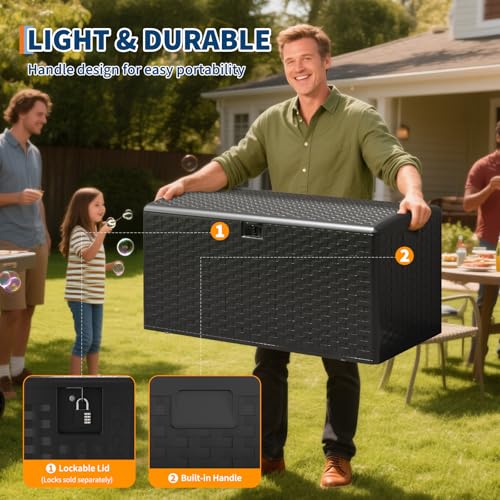 100 Gallon Blow Molded Deck Box,Lockable Outdoor Storage,Waterproof Patio Bench,Black
