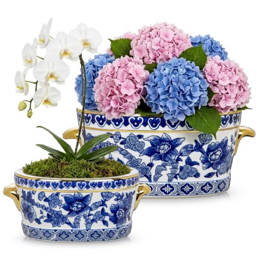Blue and White Ceramic Planter Pot – Vintage Floral Oval Cachepot Vase for Indoor Plants, Flowers & Succulents – Glazed Porcelain Style Chinoiserie Décor – 7.4" and 10.6" Size – No Drainage - size: 7.4" & 10.6" Gold Textured