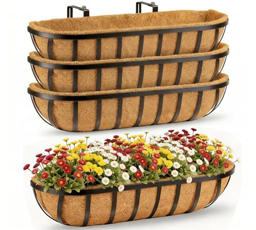 30 Inch Window Deck with Coco Liner, 30" Window Boxes Horse Trough with Coconut Coir Liner, Fence Metal Hanging Flower Planter Window Basket Deck Railing Planter Boxes for Outdoor Garden Lawn, 4pcs - size: 4p 30in